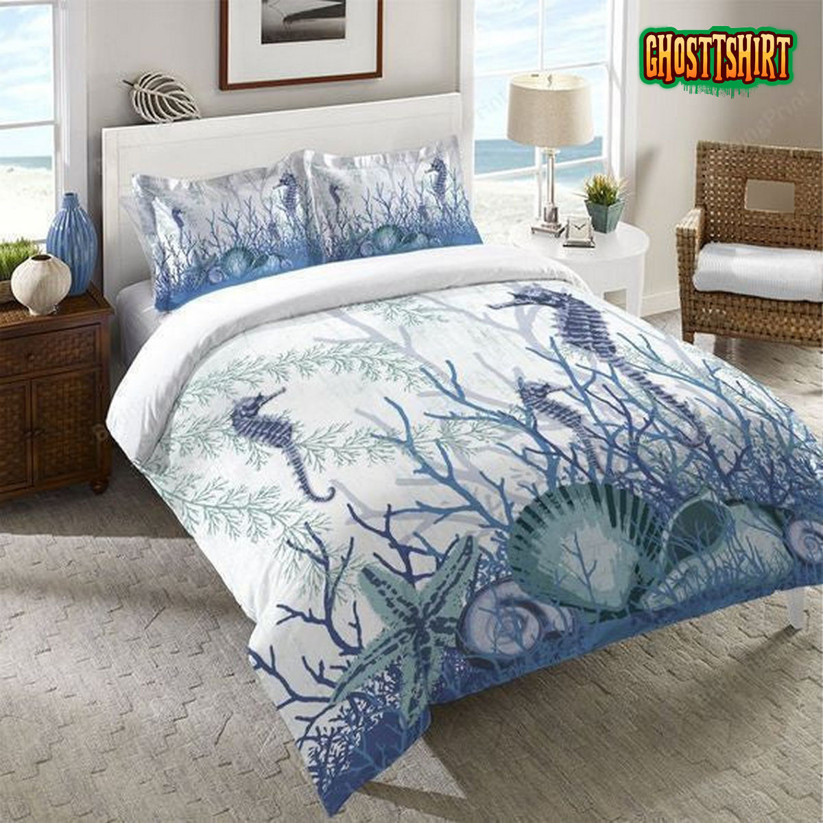 Aquatic Seahorse Seashells Bed Sheets Duvet Cover Bedding Set