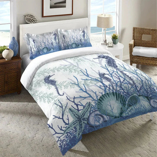 Aquatic Seahorses and Sea Shells Duvet Cover Bedding Set | Personalized 3-pc Duvet Cover With Pillowcases