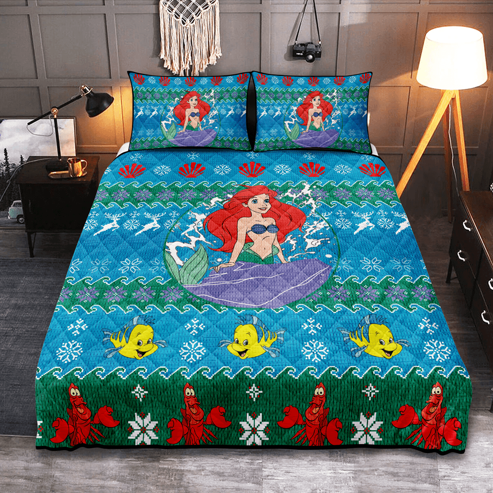 Personalized Ariel Little Mermaid Holiday Quilt Bedding Set for Christmas
