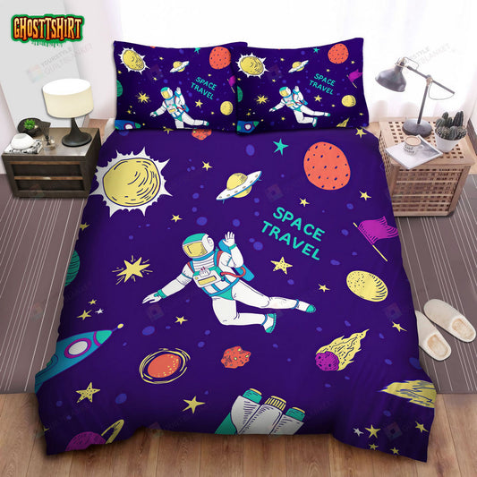 Astronaut In Universe Cartoon Illustration Bed Sheets Spread Comforter Duvet Cover Bedding Set