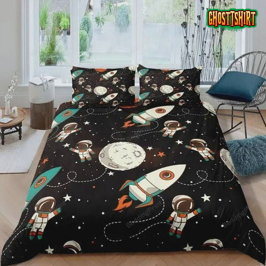 Astronaut Rocket In Outer Space Adventure Nursery Astronomy Universe Bed Sheets Duvet Cover Bedding Set