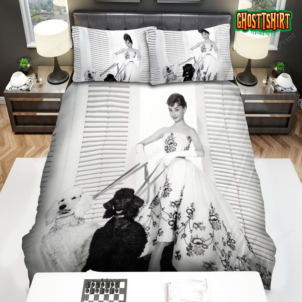 Audrey Hepburn Walking The Black & White Dogs Bed Sheets Duvet Cover Bedding Set