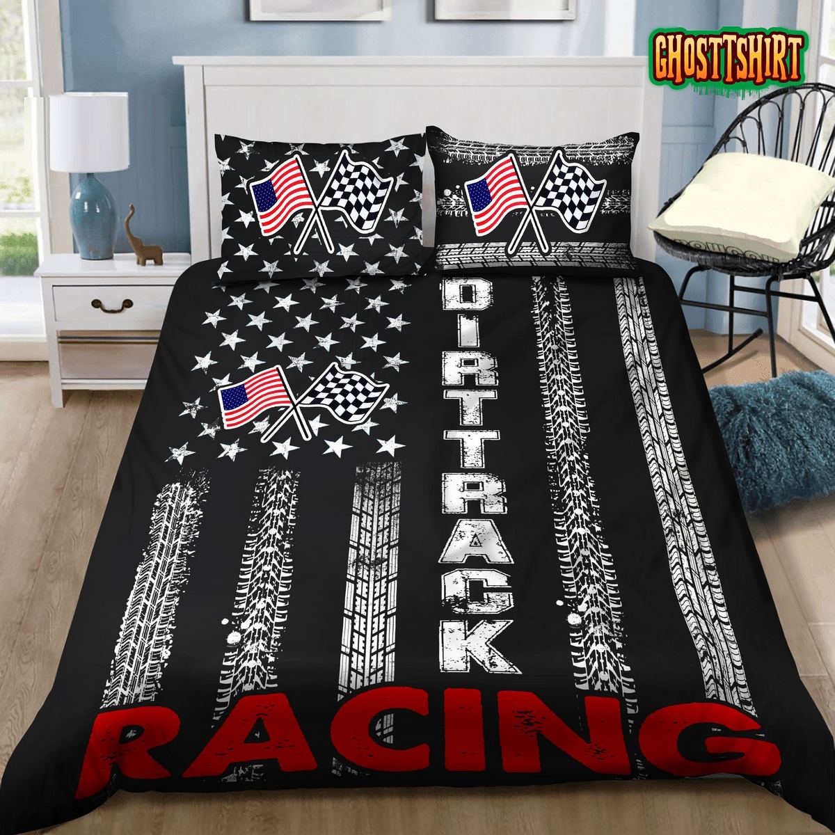 Auto Racing Dirt Track Racing American Flag Duvet Cover Bedding Set