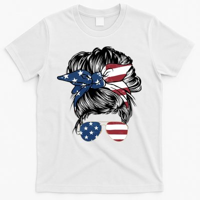 American Woman Messy Bun USA Flag Mom T-Shirt
