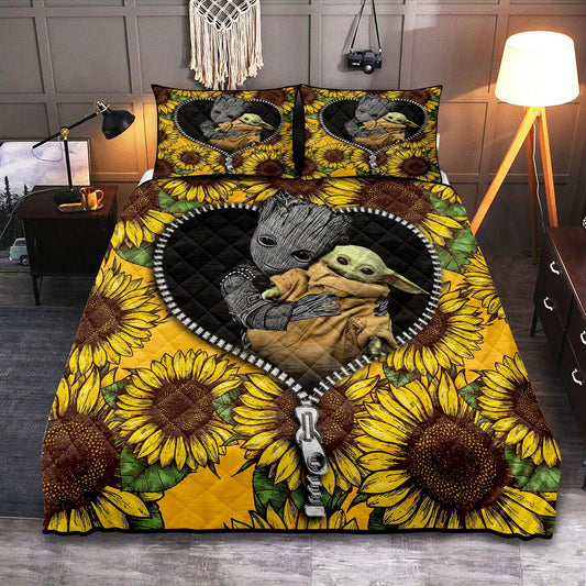 Personalized Baby Groot Baby Yoda Sunflower Zipper 3-pc Quilt Bedding Set for Kids