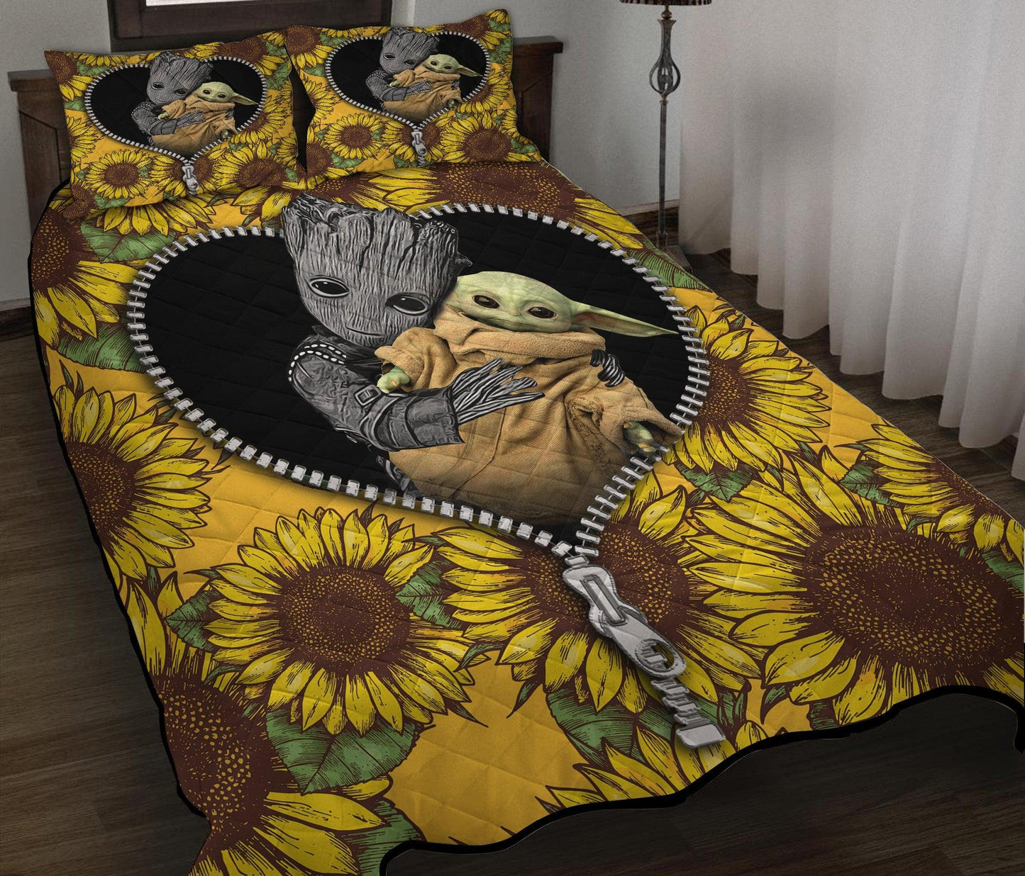 Personalized Baby Groot Baby Yoda Sunflower Zipper 3-pc Quilt Bedding Set for Kids