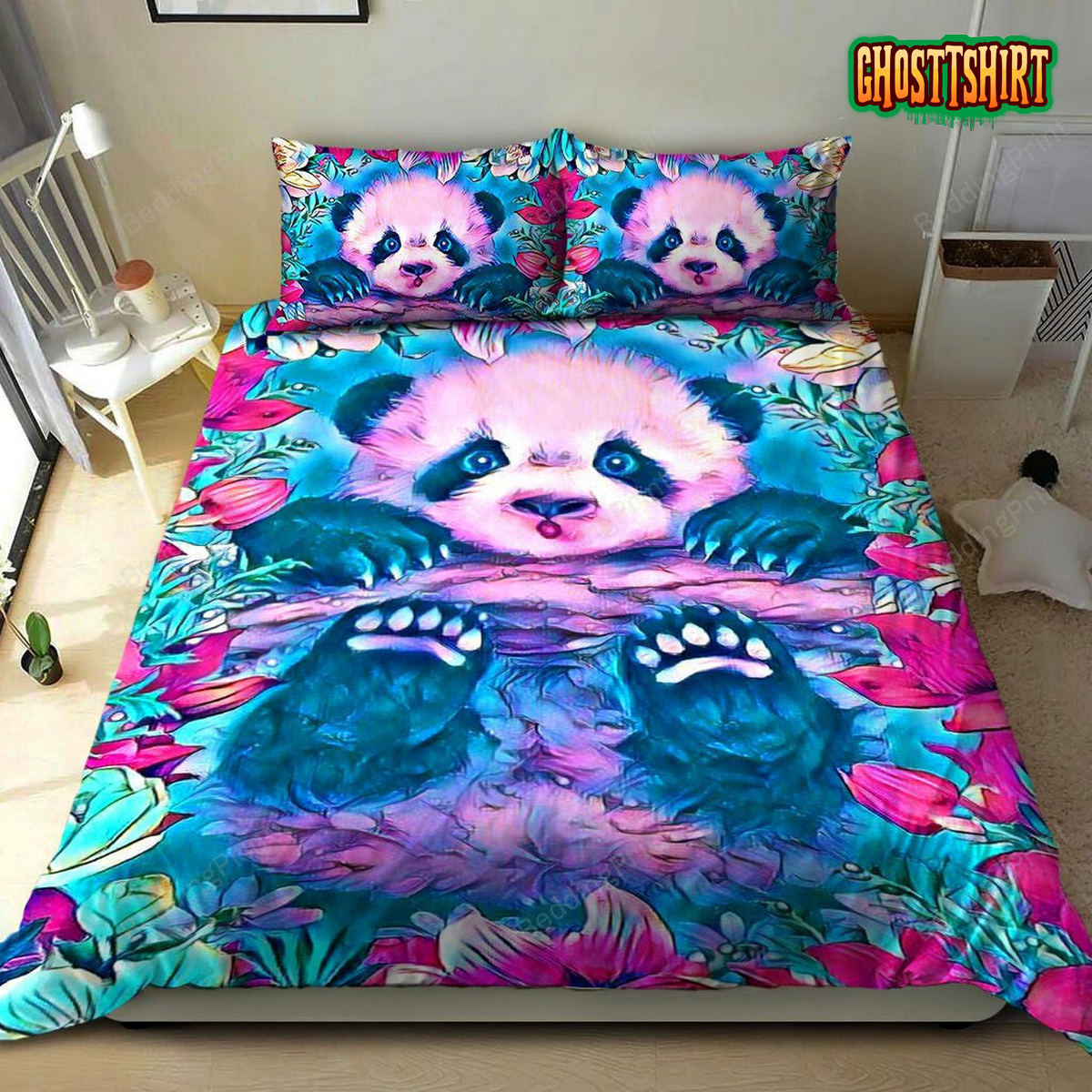 Baby Panda Colorful Flower Bed Sheets Spread Duvet Cover Bedding Set