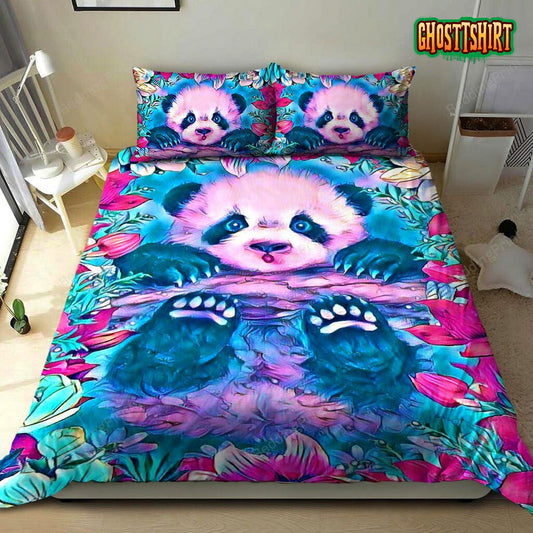 Baby Panda Colorful Flower Bed Sheets Spread Duvet Cover Bedding Set