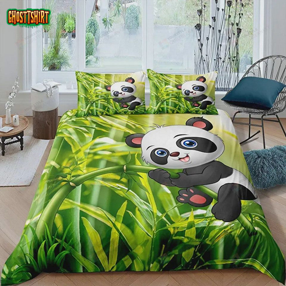Baby Panda On Bamboo Branch Cartoon Pattern Bed Sheets Duvet Cover Bedding Set