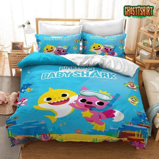 Baby Shark And Pink Fox For KidS Room Duvet Cover Bedding Set