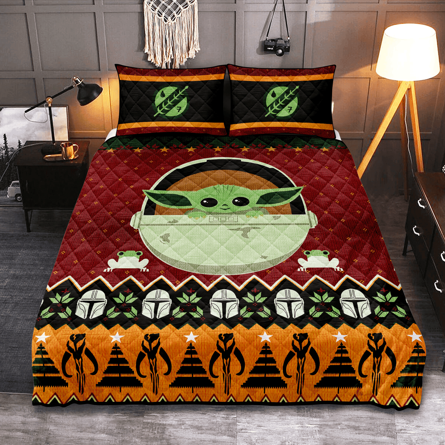 Personalized Cute Baby Yoda Christmas 3-pc Quilt Bedding Set for Kids Baby