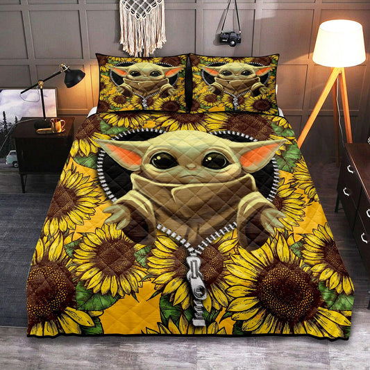 Personalized Baby Yoda Sunflower 3-pc Quilt Bedding Set for Kids and Nursery Decor