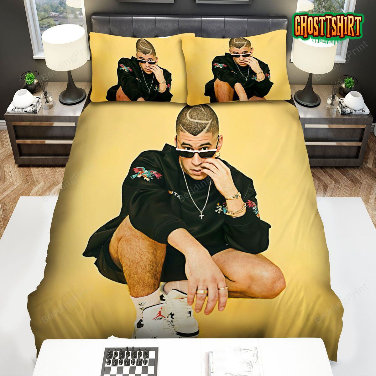 Bad Bunny In Yellow Background Bed Sheets Duvet Cover Bedding Set