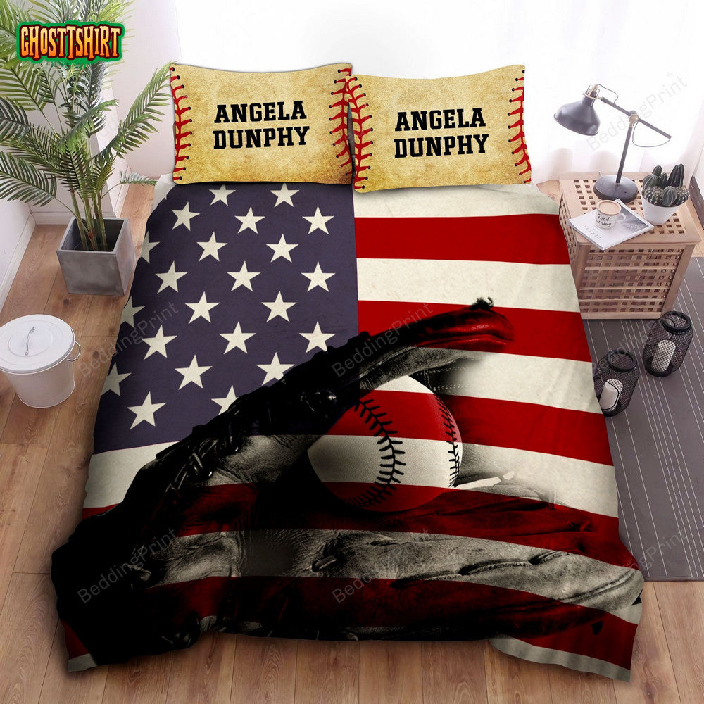 Baseball American Flag Personalized Custom Name Duvet Cover Bedding Set