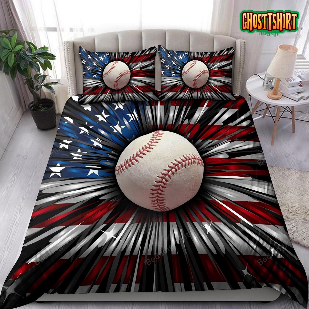 Baseball And American Flag Bedding Set