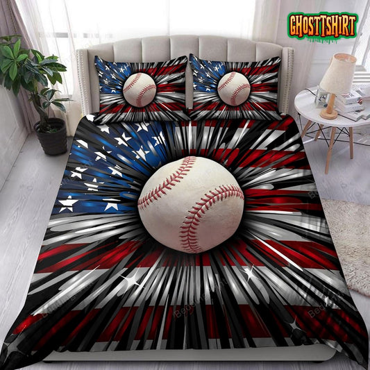 Baseball And American Flag Bedding Set