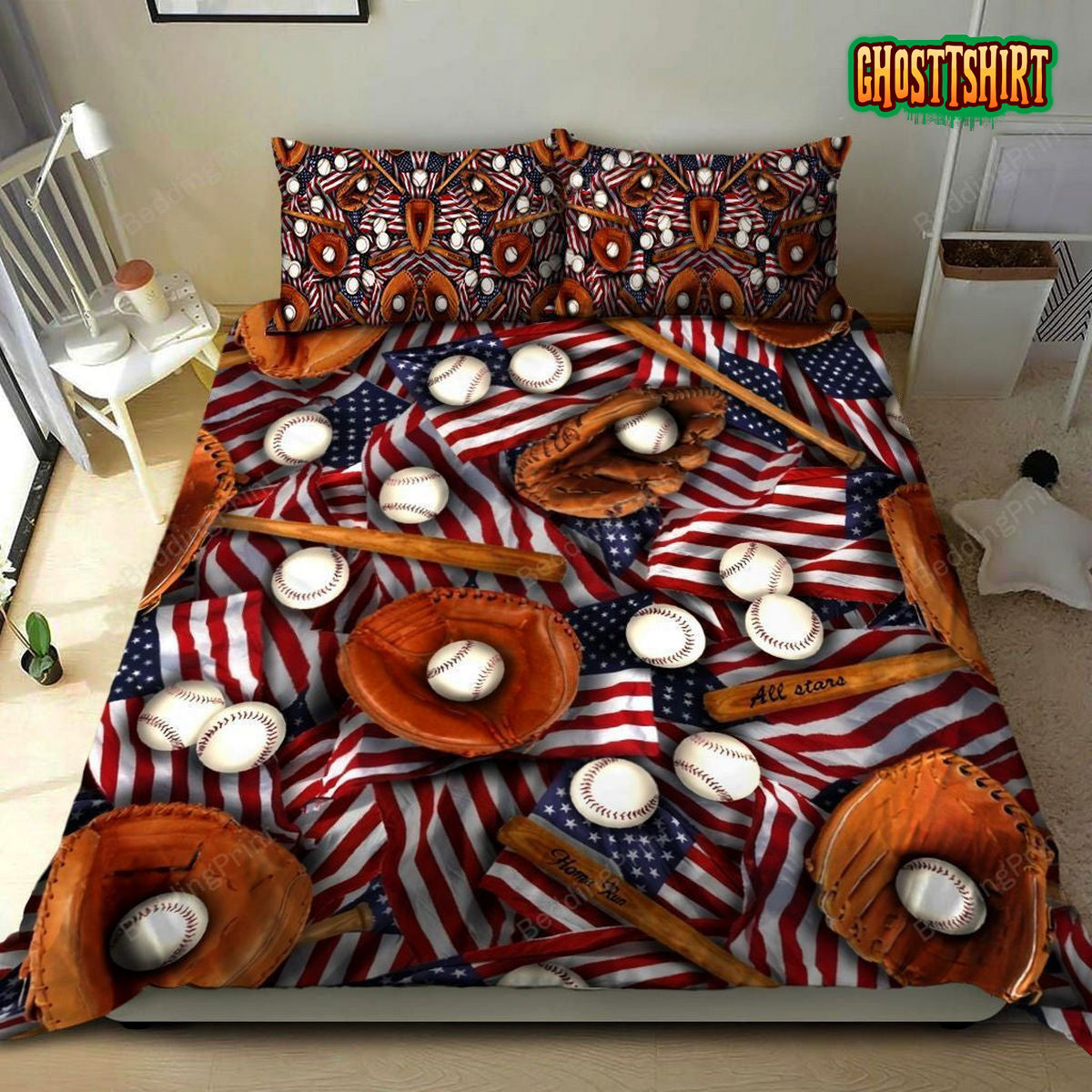 Baseball And American Flag Bedding Set Bed Sheets Spread Duvet Cover Bedding Sets