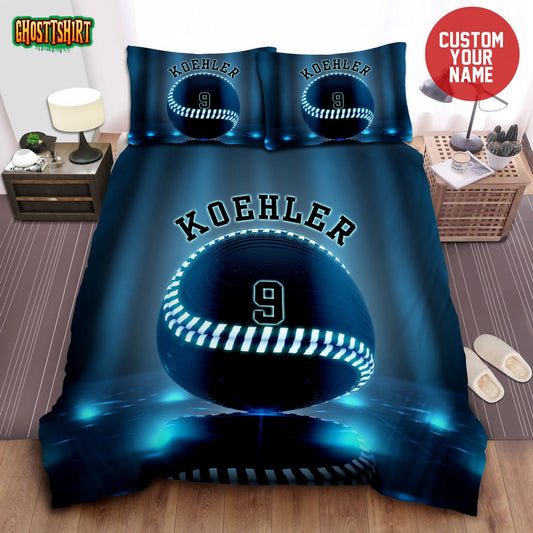 Baseball Blue Light Personalized Custom Name Duvet Cover Bedding Set