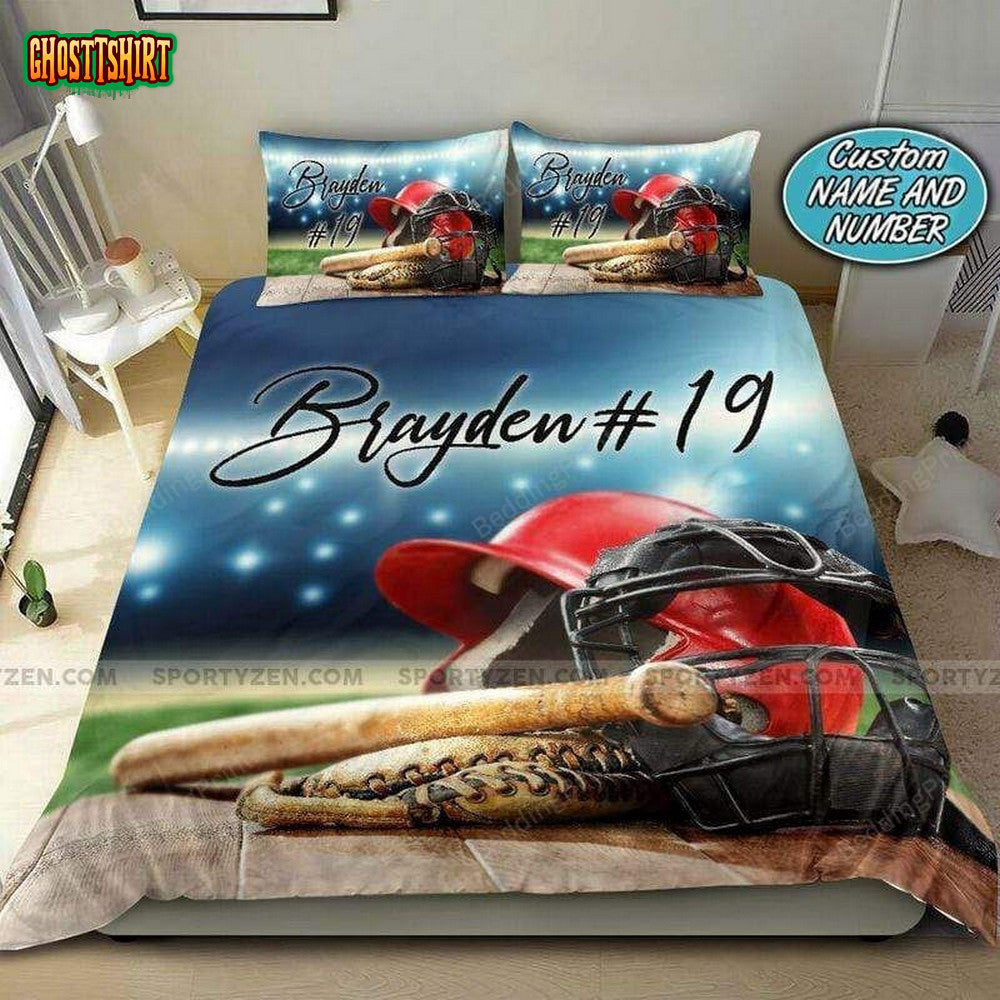 Baseball Helmet Glove Bat Personalized Custom Name Duvet Cover Bedding Set