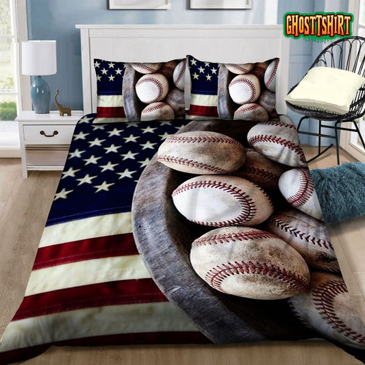 Baseball Usa Flag Bed Sheets Duvet Cover Bedding Set