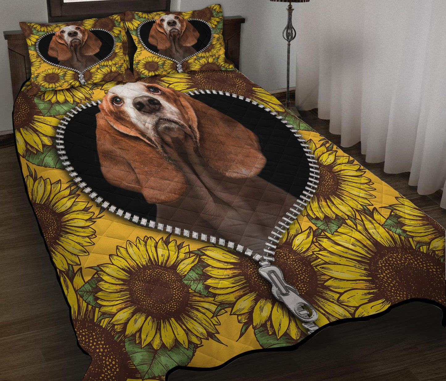 Personalized Basset Hound 3-pc Quilt Bedding Set with Sunflower Design – Cozy Bedding