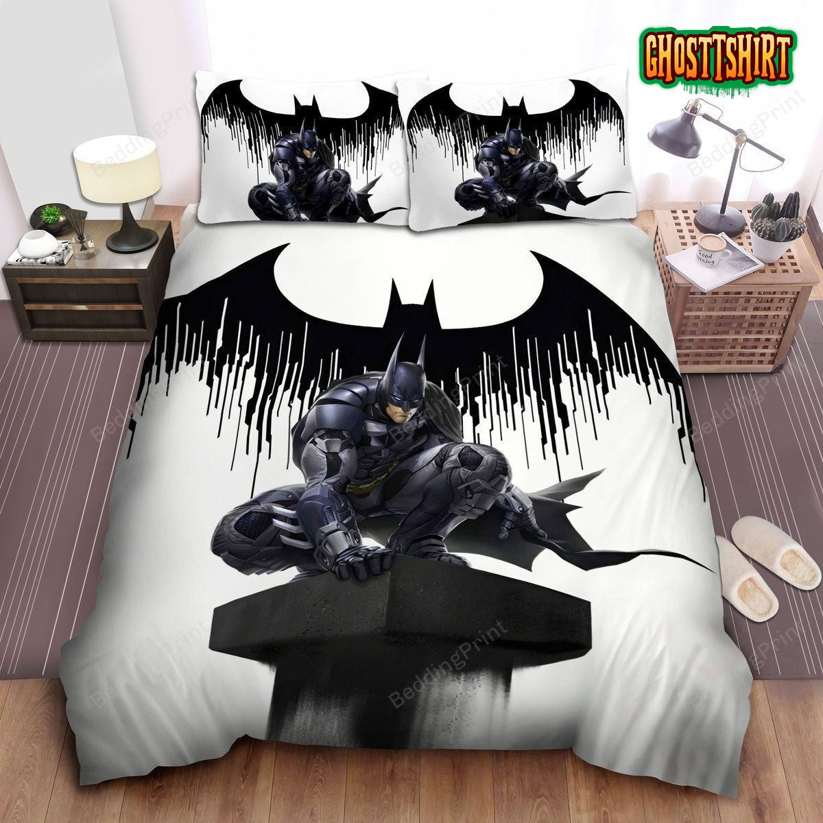 Batman Perched On A Pillar Statue Digital Art Bed Sheets Duvet Cover Bedding Set