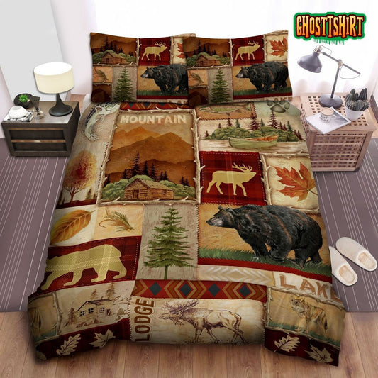 Bear Moose Lodge Collage Bed Sheets Duvet Cover Bedding Set