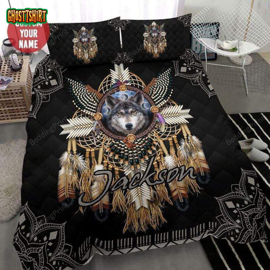 Beautiful Native American Wolf Bohemian Personalized Custom Name Duvet Cover Bedding Set