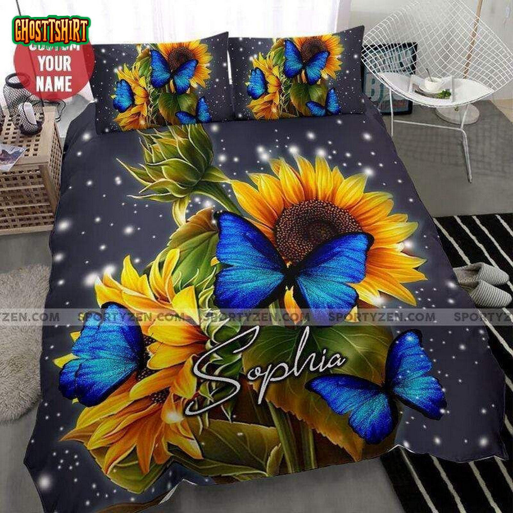Beautiful Sunflower With Butterfly Personalized Custom Name Duvet Cover Bedding Set