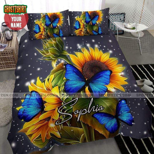 Beautiful Sunflower With Butterfly Personalized Custom Name Duvet Cover Bedding Set