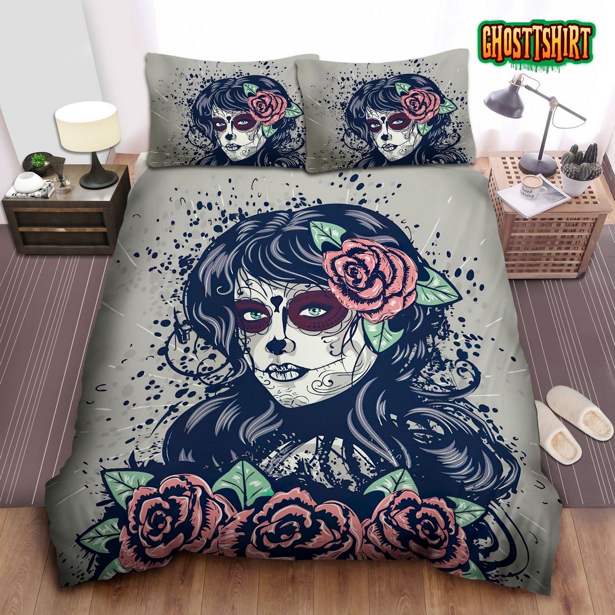 Beauty Sugar Skull Roses Bed Sheets Duvet Cover Bedding Set