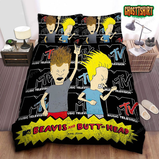Beavis And Butt-Head Music Banging In Mtv Logo Background Bed Sheets Duvet Cover Bedding Set
