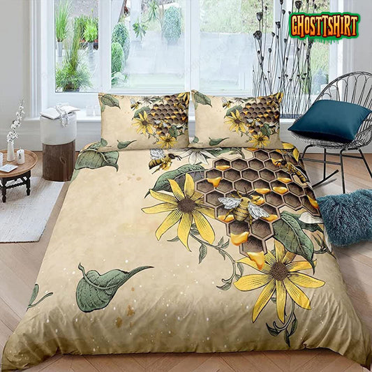 Bee Honeycomb Pattern Bed Sheets Duvet Cover Bedding Set