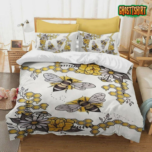 Bee With Flower Bed Sheets Duvet Cover Bedding Set