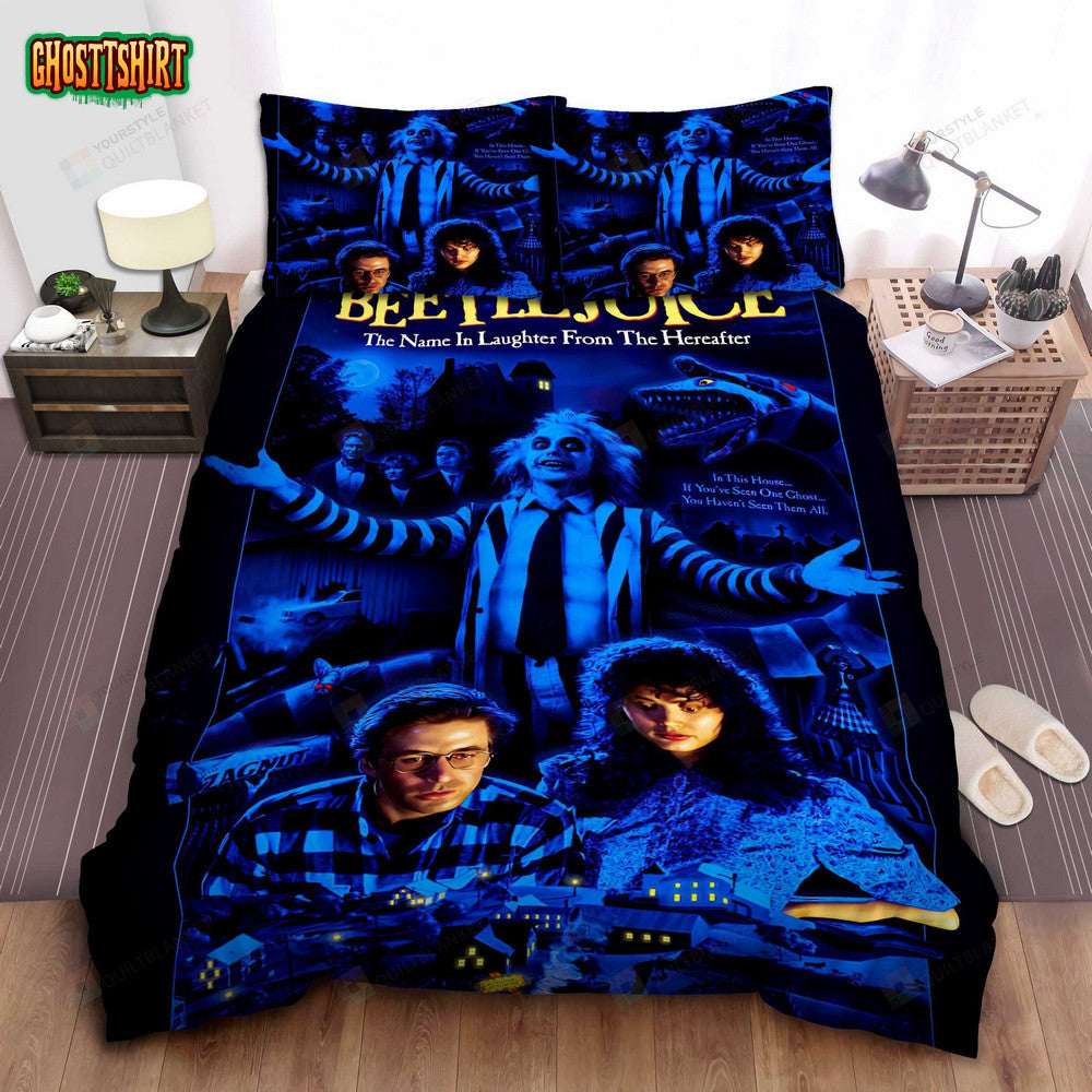 Beetlejuice Poster In Scary Blue Theme Bed Sheets Spread Comforter Duvet Cover Bedding Set