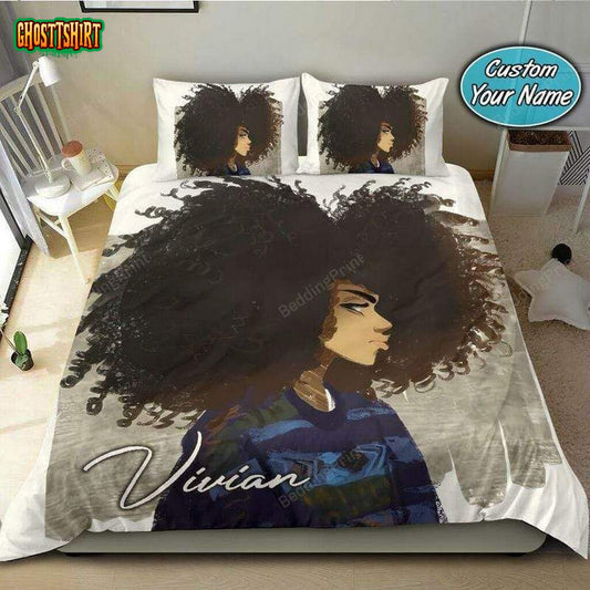 Big Afro Black Girl Sweater Gray Custom Name Duvet Cover Bedding Set
