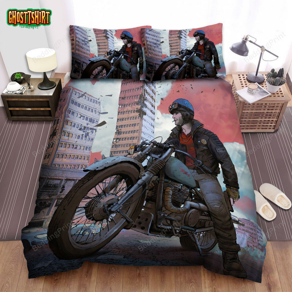Biker In Abandoned Town Artwork Bed Sheets Spread Duvet Cover Bedding Set