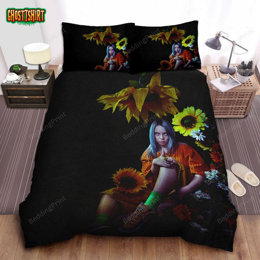Billie Eilish And Sunflowers In The Dark Picture Bed Sheets Duvet Cover Bedding Set