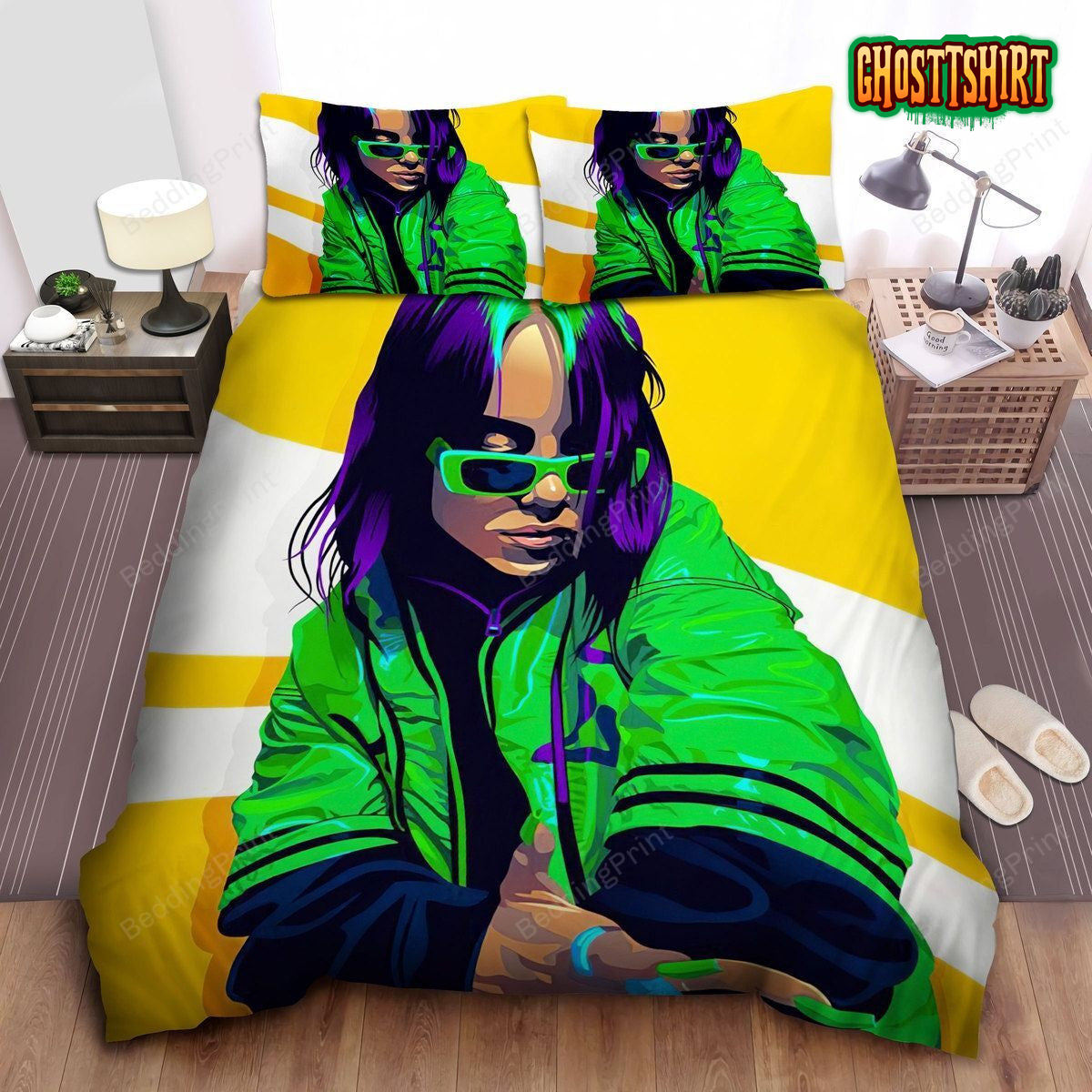 Billie Eilish In Green Jacket Digital Artwork Bed Sheets Duvet Cover Bedding Set