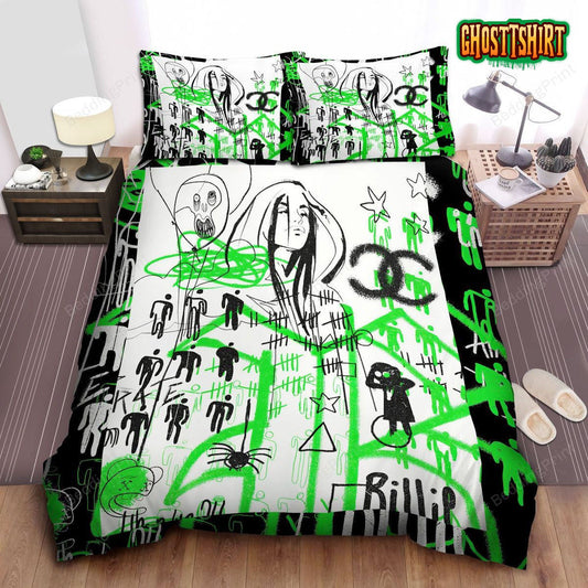 Billie Eilish Street Art Drawing In Green And Black Bed Sheets Duvet Cover Bedding Set