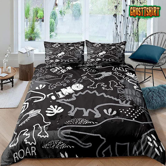 Black And White Dinosaur Pattern Roar Bed Sheets Duvet Cover Bedding Set