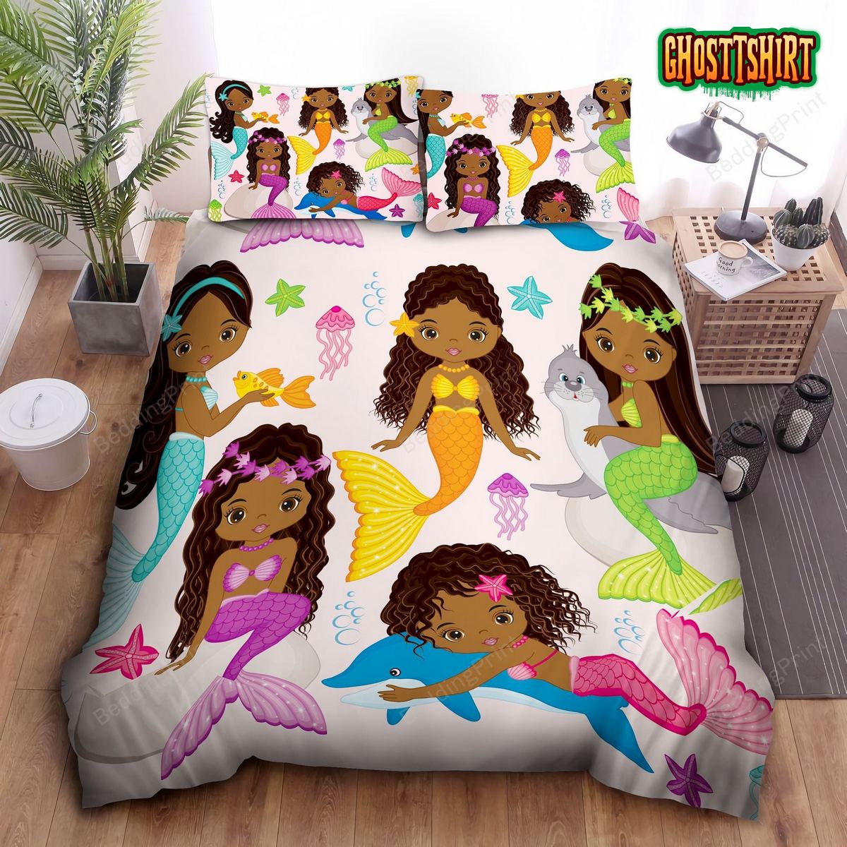 Black Baby Girl Mermaid Bed Sheets Duvet Cover Bedding Set