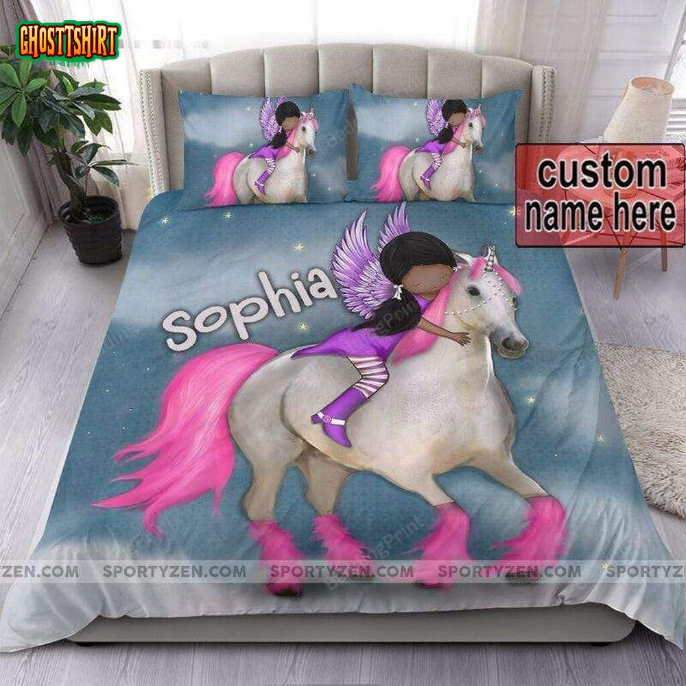 Black Baby Girl Unicorn Custom Name Duvet Cover Bedding Set