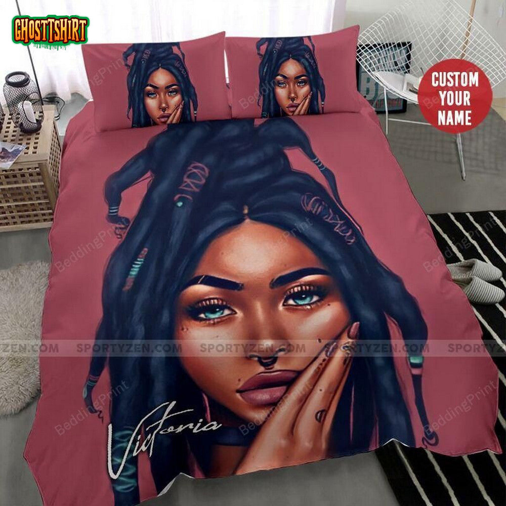 Black Braiding Girl Custom Name Duvet Cover Bedding Set