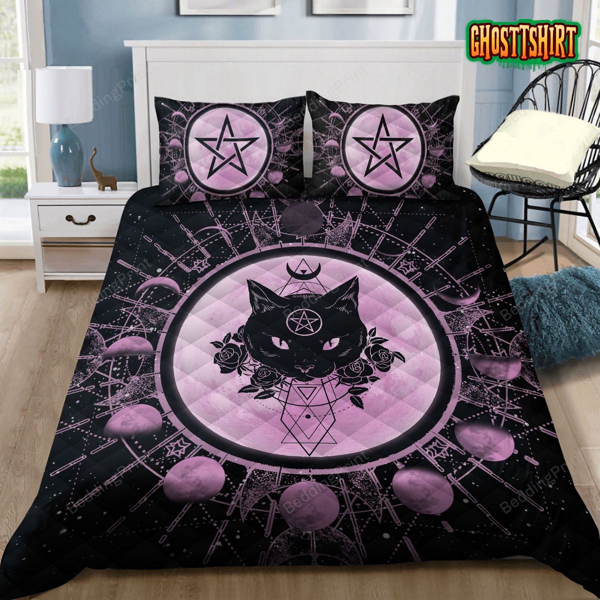 Black Cat And Moon Phase Purple Bed Sheets Duvet Cover Bedding Set