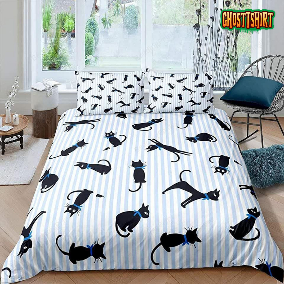 Black Cat Blue Stripes Bedding Set