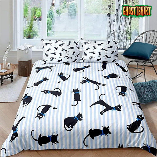 Black Cat Blue Stripes Bedding Set