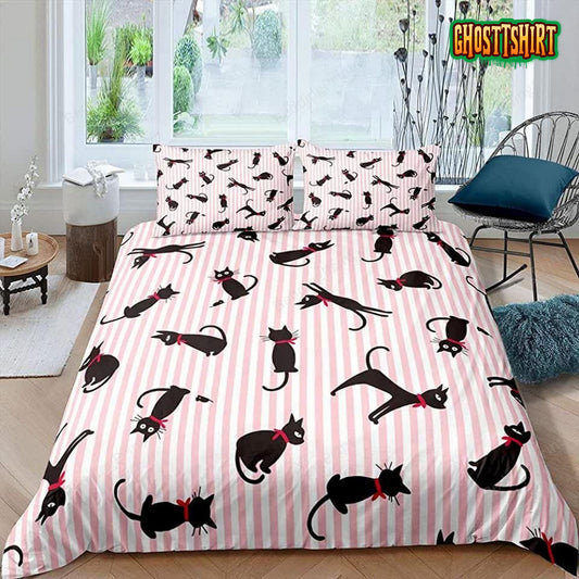 Black Cat Cute Pink Stripes Bedding Set