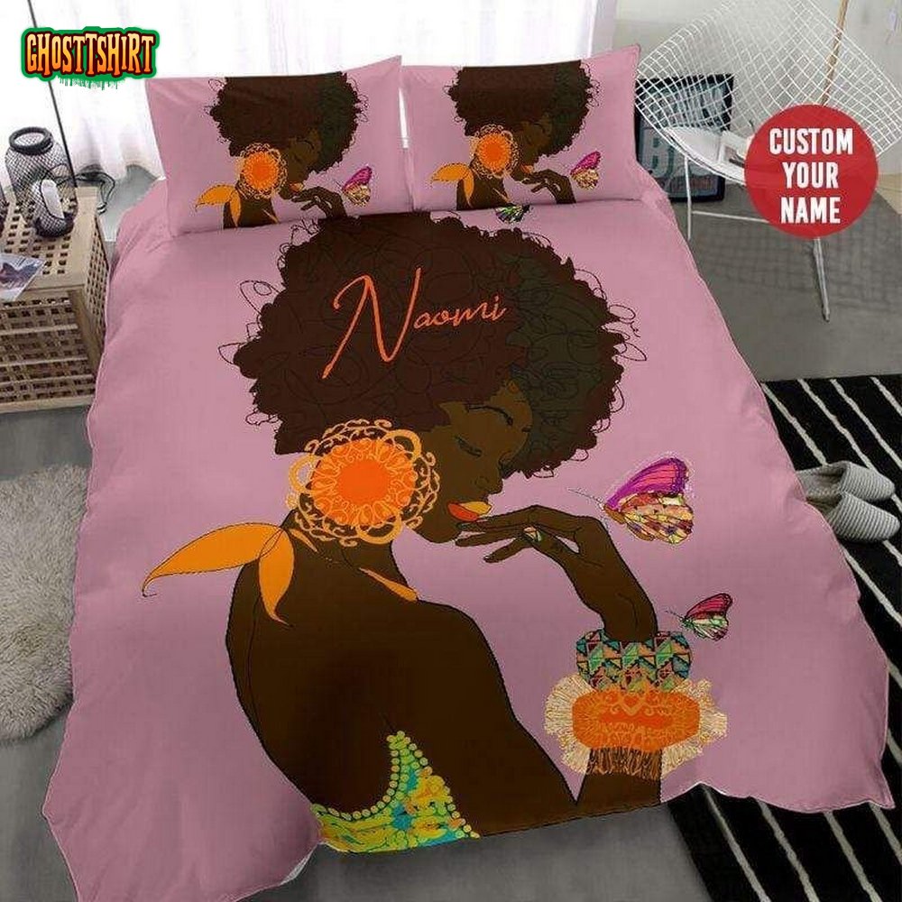 Black Girl Afro Colorful Lips Butterfly Custom Name Duvet Cover Bedding Set