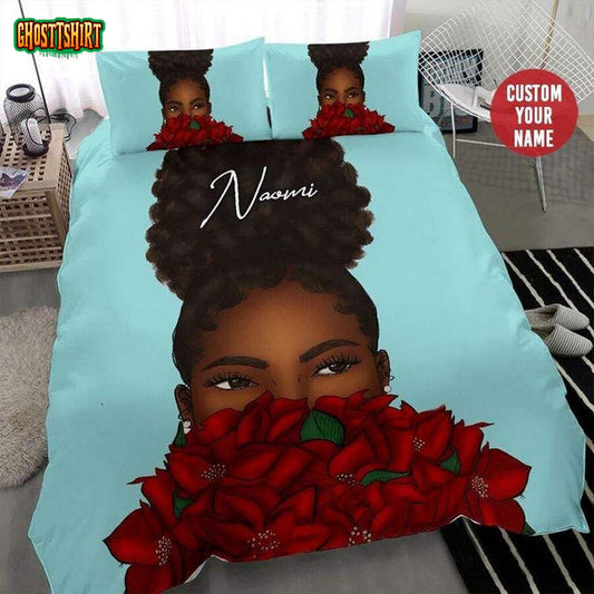 Black Girl Afro Red Flower Custom Name Duvet Cover Bedding Set